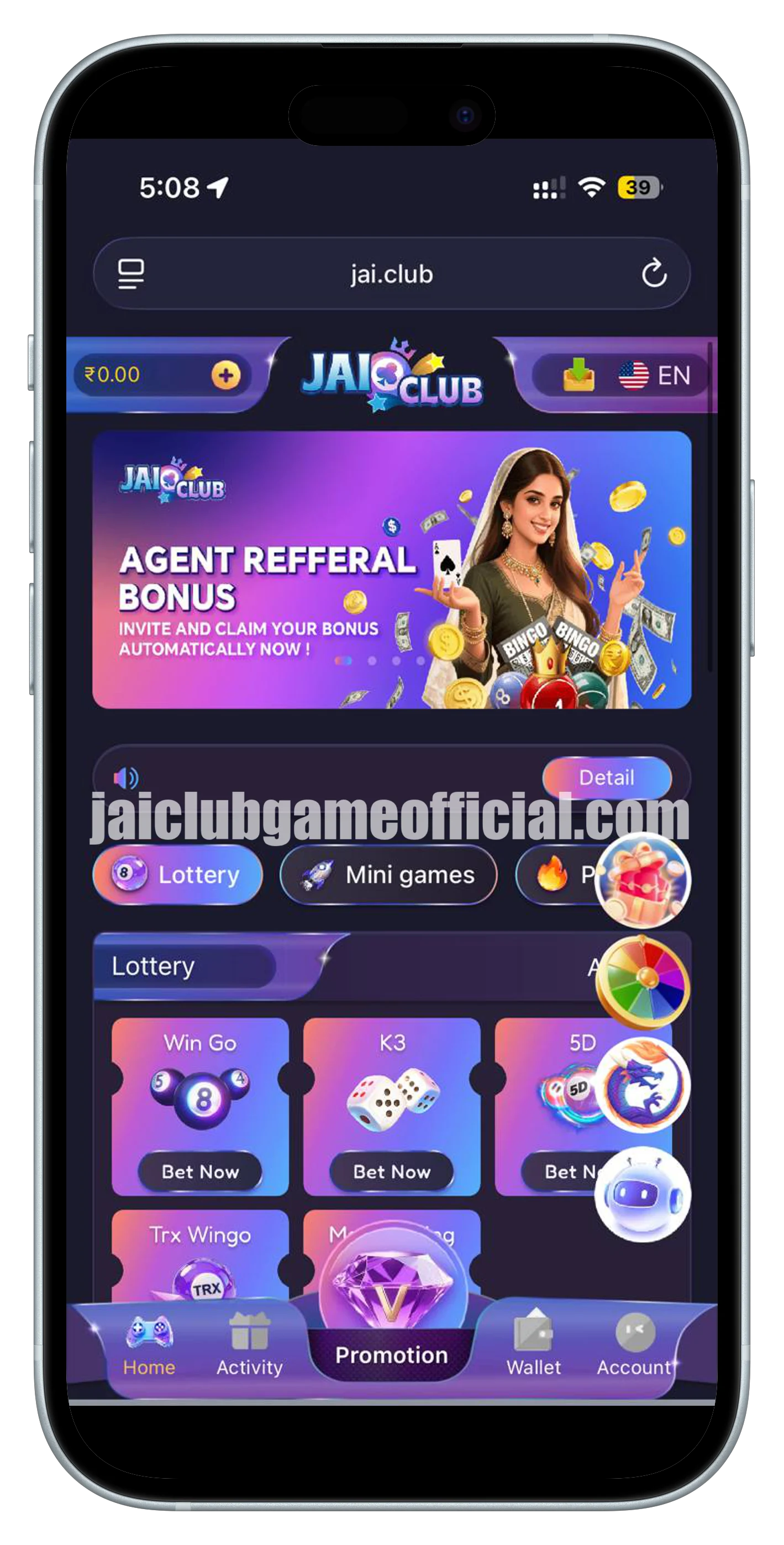 Jai Club colour prediction game homepage interface 2026